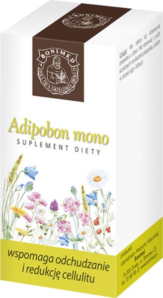 Dreizackförmige Adipobon Mono 60 Kapseln zur Unterstützung beim Abnehmen von BONIMED, in einer offenen Packung.