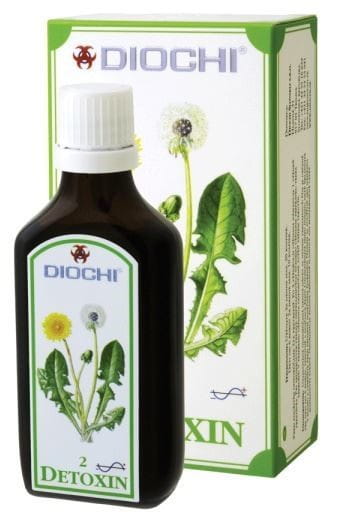 Flasche mit 50 ml Detoxin Tropfen von DIOCHI, zur natürlichen Entgiftung, auf weißem Hintergrund.