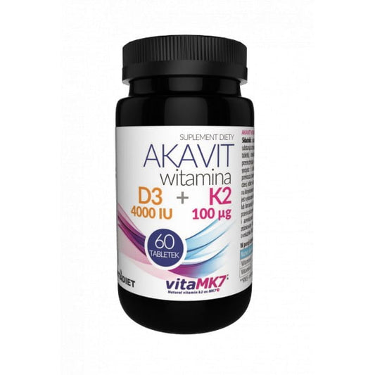 VITADIET Akavit Vitamin D3 4000 K2 100 Tabletten, Nahrungsergänzungsmittel mit Vitamin D3 und K2 auf weißem Hintergrund