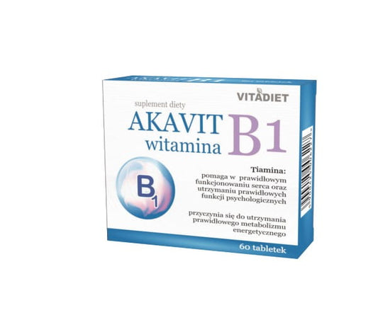 Akavit Vitamin B1 Nahrungsergänzungsmittel in Packung mit 60 Tabletten von VITADIET, unterstützt das Nervensystem.