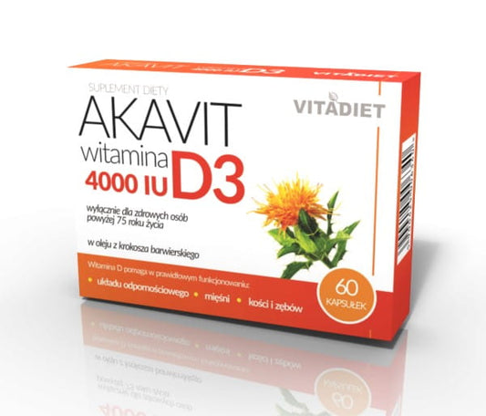 Vitamin D3 Akavit von VITADIET, 60 Kapseln, hochdosierter Vitamin D3 4000 IE in einer transparenten Flasche