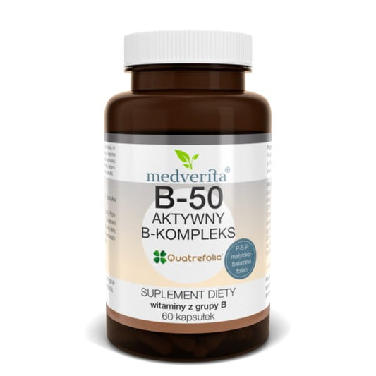 B 50 Wirkkomplex von MEDVERITA, 60 Kapseln, Nahaufnahme der Kapseln in einer Packung, für Nahrungsergänzung