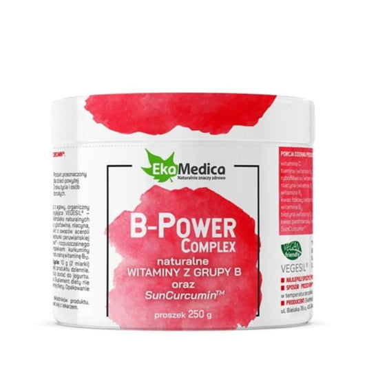 B-Power-Komplex EKAMEDICA Pulver in 250 g Dose, fein gemahlenes Nahrungsergänzungsmittel in Verpackung.