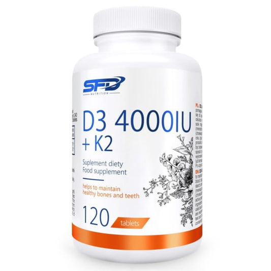 Vitamin D3 4000 K2 Nahrungsergänzungsmittel von SFD, 120 Kapseln, zeigt die Flasche mit Kapseln und Produktbeschreibung.