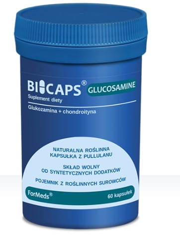 Weißer Behälter mit 60 Glucosamin-Chondroitin Kapseln für Gelenkgesundheit von FORMEDS, Nahaufnahme.