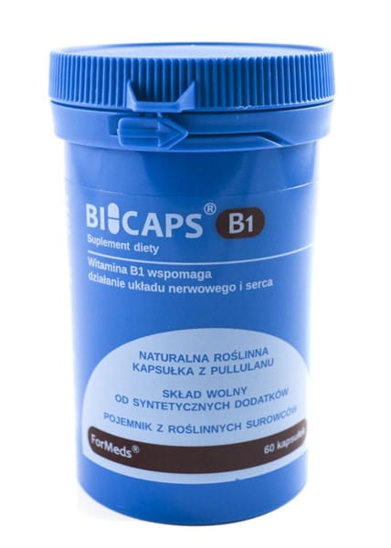 Bicaps Vitamin B1 Kapseln von FORMEDS, 60 Stück, mit Thiamin B für Energie und Nervengesundheit, in einer offenen Packung.
