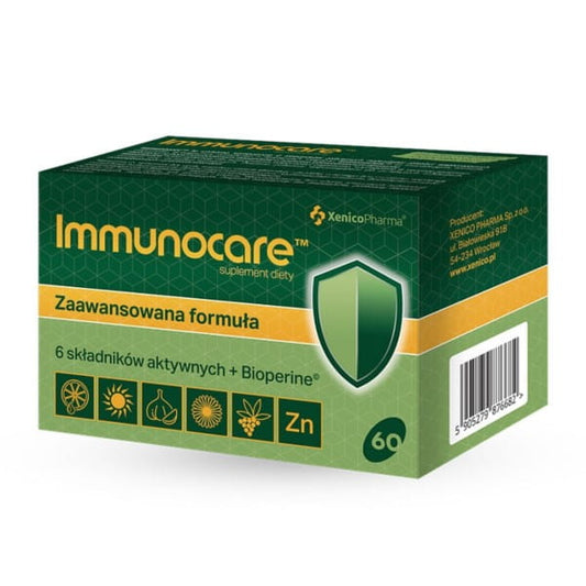 XENICO PHARMA Immunocare 60 Kapseln für stärkere Immunität, weiße Kapseln in einer Packung auf weißem Hintergrund