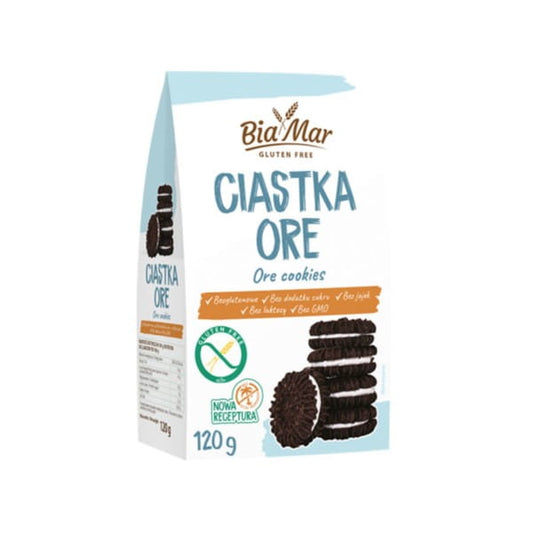 Biamar Kekse von LOOK FOOD, glutenfrei und zuckerarm, in einer 120 g Verpackung, liegen auf einem Teller.