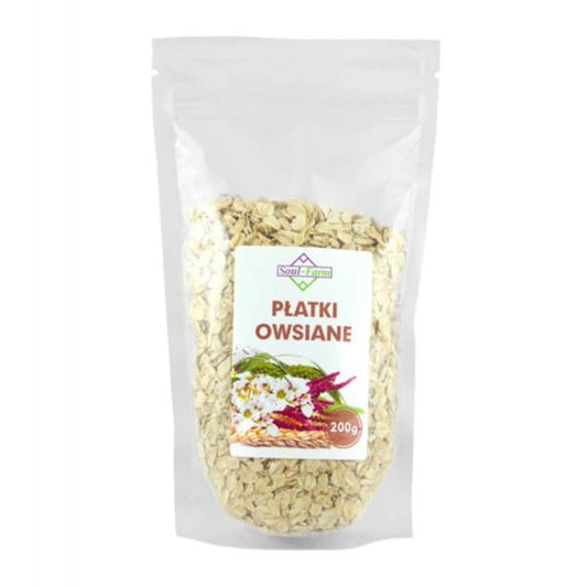 Haferflocken von SOUL FARM, 200 g Packung, mit sichtbaren Haferkörnern und natürlicher Textur.