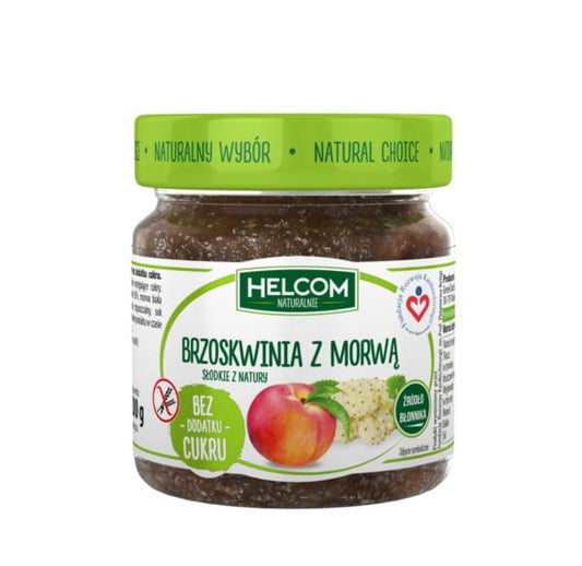 Fruchtpaste von Helcom mit Pfirsich und Maulbeere, 200 g, cremige Konsistenz in einem Glas.