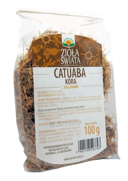 Getrocknete Catuaba-Rinde, 100g, NATURA WITA, natürliche Kräuter für Wohlbefinden und Energie, in einer offenen Verpackung.