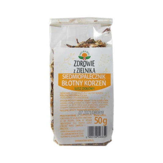 Sumpfwurzel mit sieben Kräutern von NATURA WITA, 50g, getrocknete Wurzel in einer transparenten Verpackung.