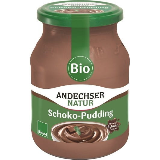 Bio Schokoladenpudding von ANDECHSER in 500 g Packung, cremige Schokoladendessert in einer weißen Schüssel.