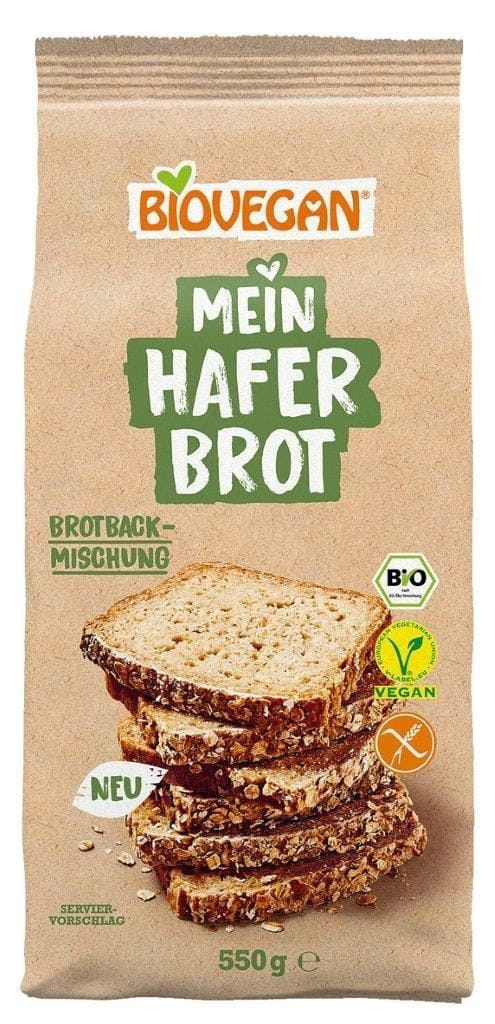 Glutenfreies Hafer-Mais-Brotmischung von BIOVEGAN, Bio und 550 g, zeigt die Mischung mit Hafer- und Maisflocken in einer Schüssel.
