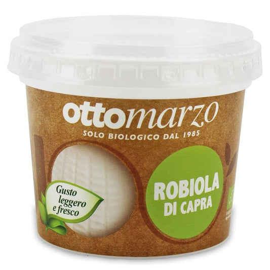 Bio Ziegenkäse von CA'VERDE, 150 g, cremig und frisch, in einer weißen Verpackung auf einem Holztablett präsentiert.