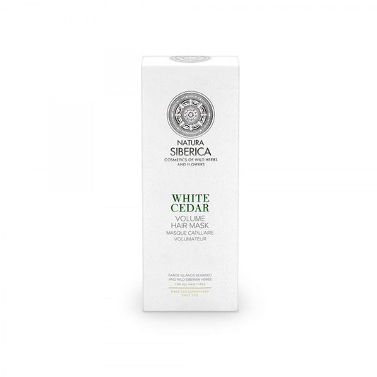 Voluminöse Haarmaske mit weißer Zeder von EUROBIO LAB, 200 ml, cremige Textur in weißer Verpackung, ideal für kräftiges Haar.