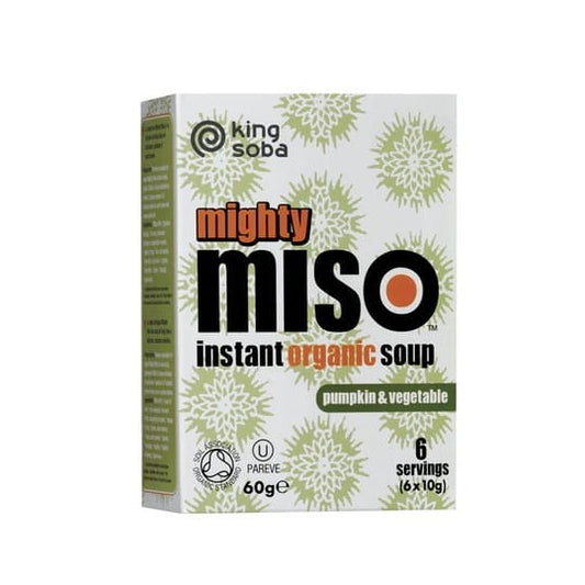 Glutenfreie Instant-Miso-Suppe mit Kürbis, Gemüse und BIO-Zutaten von KING SOBA, 6 Packungen à 10 g.