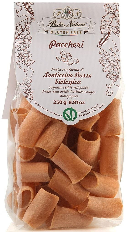 Pasta Natura Paccheri aus roten Linsen und Reis, glutenfrei, BIO, 250 g, auf weißem Hintergrund.