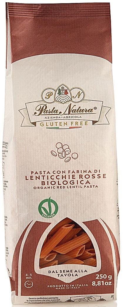 Rote Linsen Penne glutenfreie Bio-Nudeln von PASTA NATURA, 250 g, ungekocht in einer Packung.