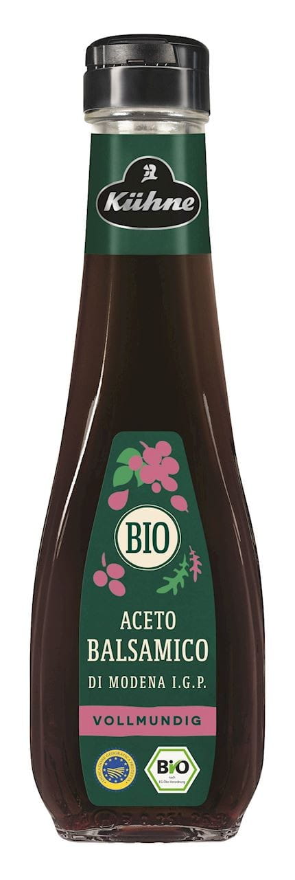 Gefilterter BIO Modena Balsamessig von KUHNE in 250 ml Flasche, hergestellt von BIOPLANET, auf weißem Hintergrund.
