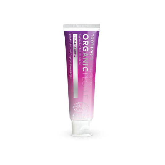 Weiße Kirschzahnpasta von EUROBIO LAB in 85 g Tube, zeigt die Verpackung mit frischer Kirsch- und Minz-Optik.