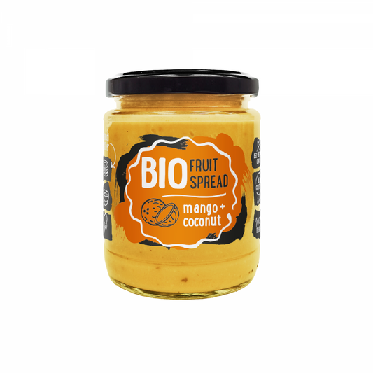 Mango-Kokos-Fruchtcreme von Lat Eko Food in 245 g Packung, zeigt cremige Konsistenz mit fruchtigem Mango und Kokosnuss.