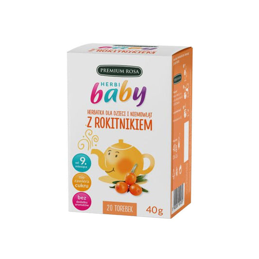 Kinder- und Baby-Tee mit Sanddorn in 20 Beuteln, von PREMIUM ROSA, zeigt die Verpackung und Teebeutel.