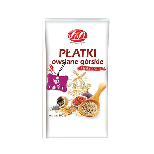 VIVI Berghaferfeige mit Mohn, Instant, 300 g, fruchtige Feigenmischung mit Mohnsamen, in Verpackung sichtbar