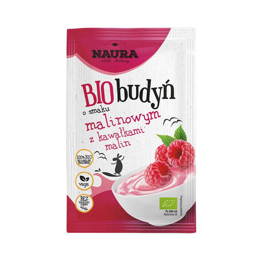 Bio Himbeer-Pudding von Naura in 38 g Packung, cremige Textur und fruchtiger Himbeergeschmack, ideal für Naschmomente