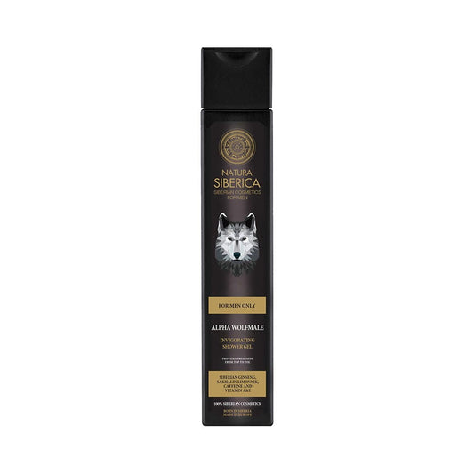 Duschgel für Männer Alpha Male von Natura Siberica, 250 ml Flasche mit dunklem Design, auf weißem Hintergrund