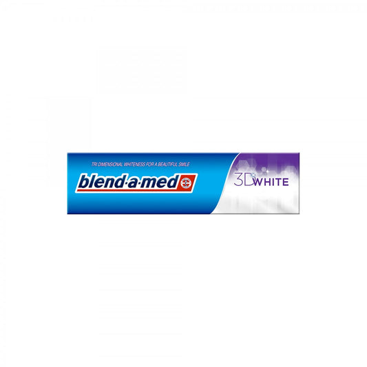 Zahnpasta 3D White Whitening von Procter & Gamble in 100 ml Tube, für strahlend weiße Zähne, auf einem Badezimmerhintergrund
