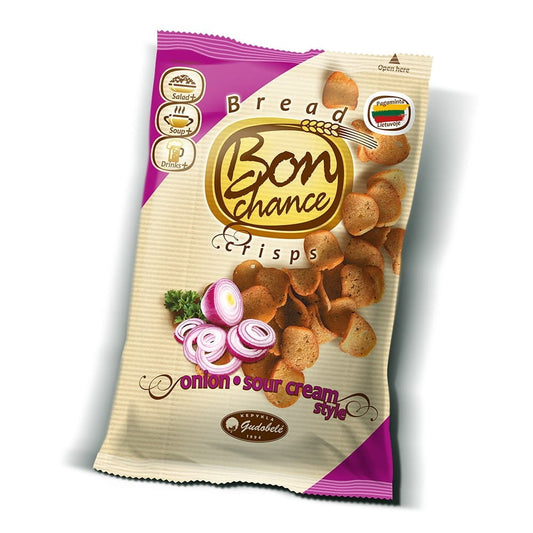 Knusprige Sahne-Zwiebelbrot-Chips von Gudobele in 120 g Tüte, goldbraun und mit Zwiebelstücken verziert.