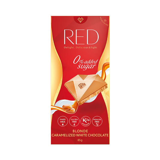 Weiße karamellisierte Schokolade von Chocolette in 85 g Packung, zeigt die glänzende, cremige Oberfläche und die karamellisierten Nuancen.