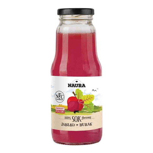 Rote Beete Apfelsaft von Naura in 300 ml Flasche, frisch und naturbelassen, mit roter Beete und Apfel sichtbar in der Flasche