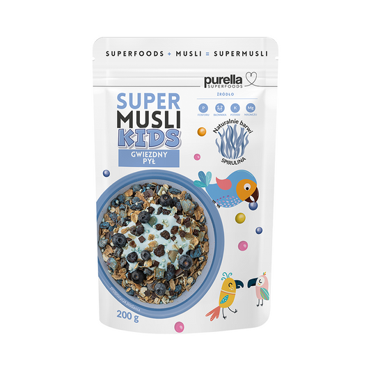 Supermusli Kids Sternenstaub von Purella Food, 200 g, mit bunten Cerealien und Sternenmuster, ideal für Kinder zum Frühstück.