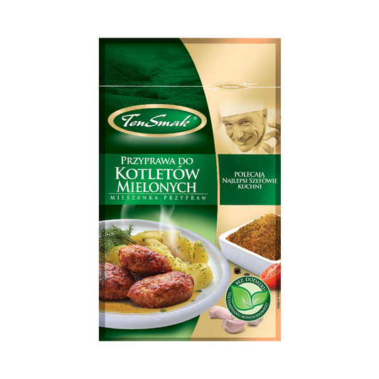 Hackschnitzelgewürz von Ten Smak, 20 g, mit aromatischer Gewürzmischung für Fleisch und Grillgerichte, Nahaufnahme der Gewürzverpackung
