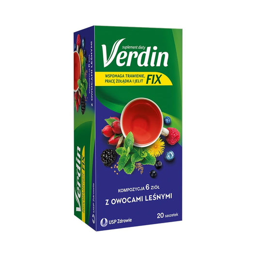 Kräuter mit Waldfrüchten von USP VERDIN FIX in 20 Beuteln, frische Kräuter und Waldfrüchte in einer Verpackung.