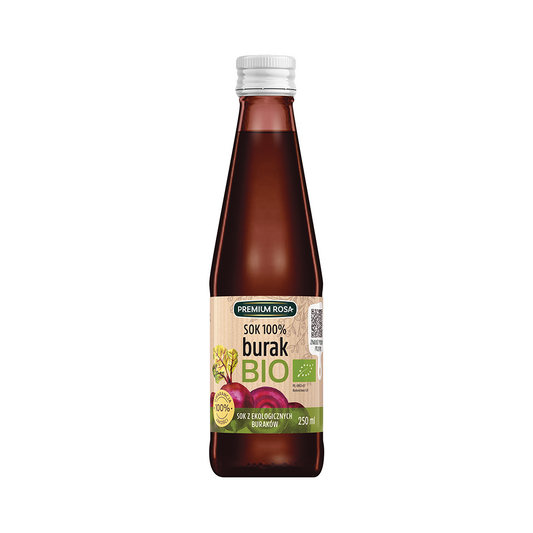 Bio Rübensaft von PREMIUM ROSA in 250 ml Flasche, frisch und naturbelassen, zeigt die rote Rübe in einer Flasche.
