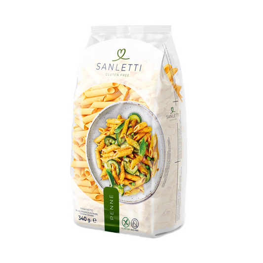 Glutenfreie Penne-Nudeln von SANLETTI in 340 g Verpackung, GFS Poland, trockene Pasta mit röhrenförmigem Design