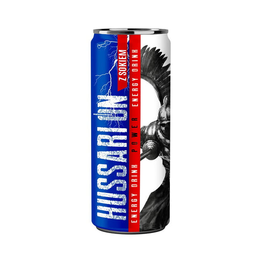 Energydrink von Hussarion in 250 ml Dose mit blauer Verpackung und energiereichem Design.