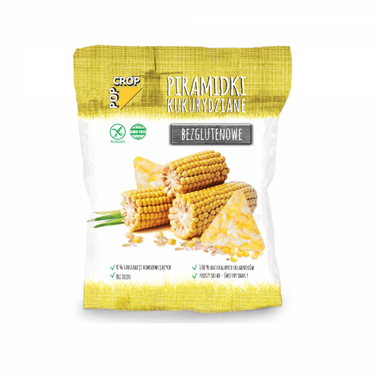 Glutenfreie Maispyramiden von POPCROP, 80 g, knuspriger Snack in einer transparenten Verpackung.