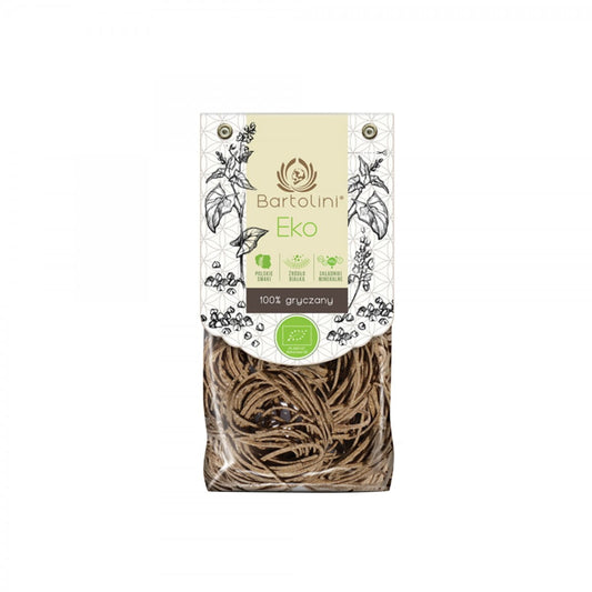 Buchweizennudeln BIO von BARTOLINI, 250 g, trockene Nudeln aus 100% Buchweizen, Nahaufnahme der Verpackung
