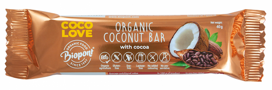 Bio Kokosriegel mit Kakao von BIOPLANET, glutenfrei und biologisch, liegt auf einem weißen Hintergrund, 40 g Packung sichtbar