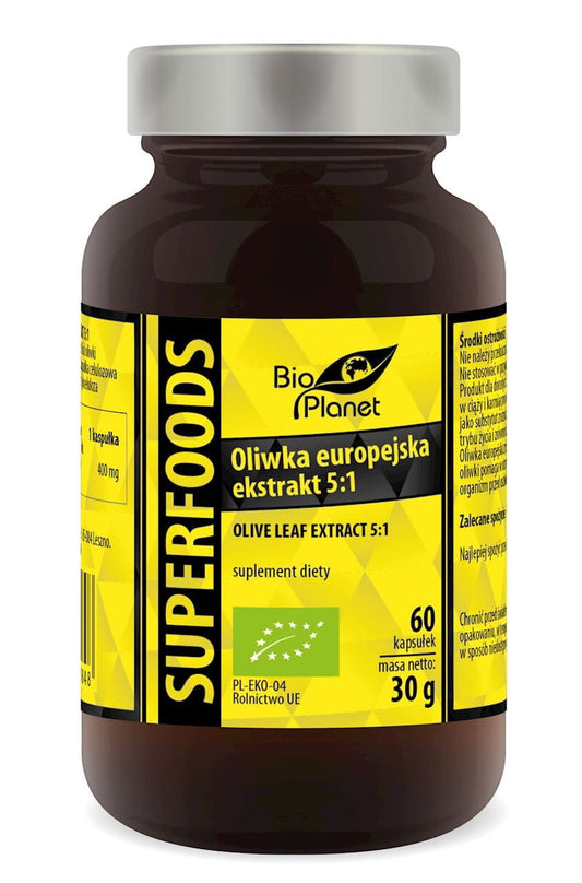 Bio-Extrakt der europäischen Olive mit 60 Kapseln, enthält 400 mg, von BIO PLANET, Seria Superfoods, in der Verpackung
