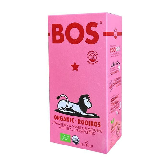 Bio Rooibostee mit Erdbeer-Vanille-Geschmack, BOS, 20 Teebeutel à 2,5 g, frisch und aromatisch in einer Verpackung.