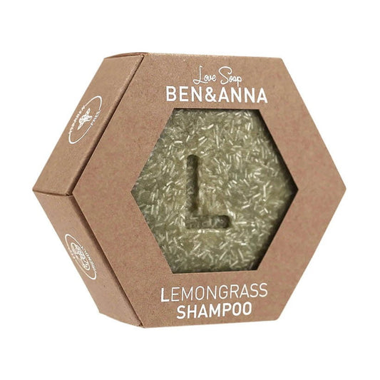 Zitronengras Eco Cube Haarshampoo von BEN & ANNA, 60 g, zeigt das grüne Shampoo-Produkt in einer umweltfreundlichen Verpackung.