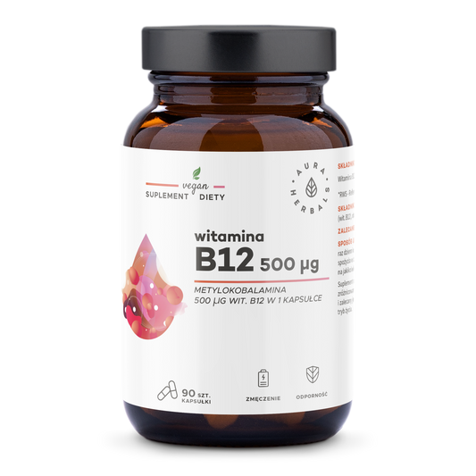Vitamin B12 500 µg Methylcobalamin in 90 Kapseln von Aura Herbals, nährstoffreiche Nahrungsergänzungsmittel, close-up der Kapseln