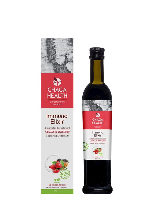 Flasche mit 250 ml CHAGA Immunitätsselixier mit Wildrose, naturbelassenes Heilmittel für das Immunsystem.