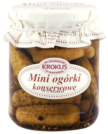 Mini-Konservengurken von KROKUS in 500g Glas, frische eingelegte Gurken mit knackiger Textur und würzigem Geschmack.