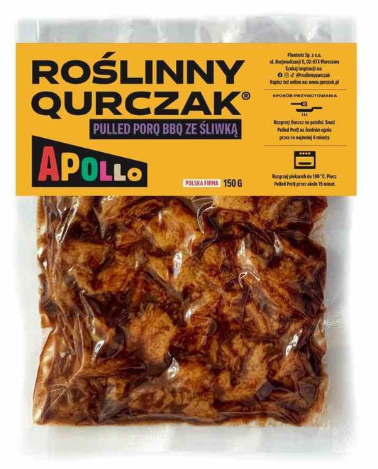 QURCZAK Apollo Gemüse Qurczak Pulled PorQ BBQ mit Pflaume, 150g, in einer Verpackung mit sichtbarem Produktinhalt.